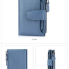 Blue genuine leather RFID blocking bifold wallet shown from the front, back, and side views.