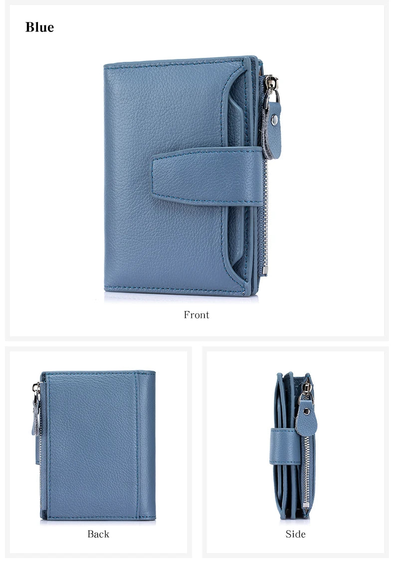 Blue genuine leather RFID blocking bifold wallet shown from the front, back, and side views.