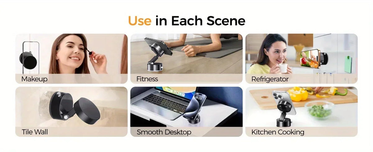 A montage showing the 360° magnetic car phone mount used in various scenes including makeup, fitness, refrigerator, tile wall