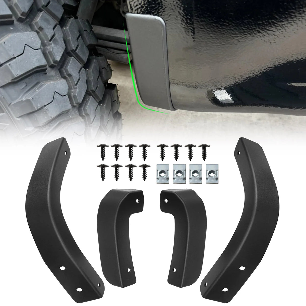 Set of black mud flap delete covers and mounting hardware for Chevrolet Silverado 1500