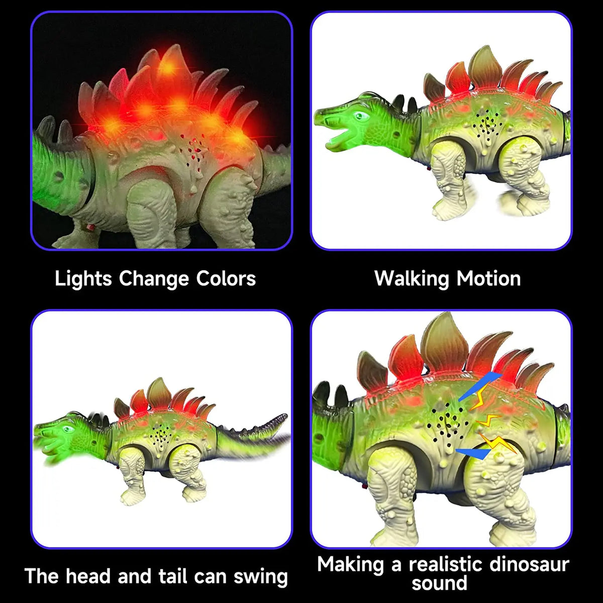 Interactive walking T-Rex dinosaur toy that changes lights, has walking motion, and makes a sound.