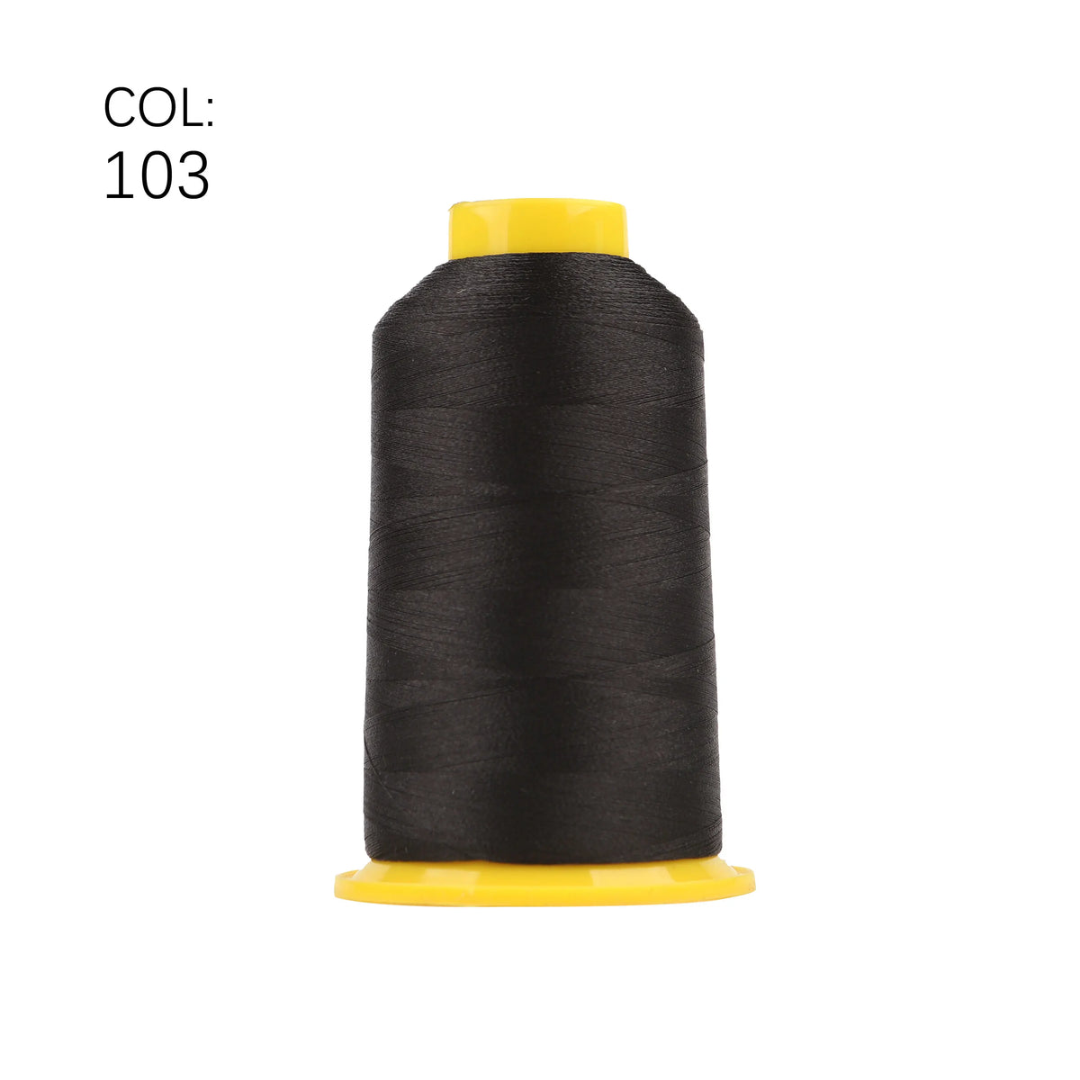 A spool of black polyester embroidery thread with a yellow core.