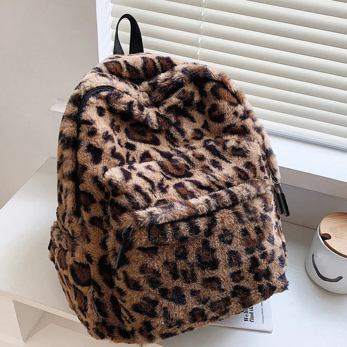 Faux Fur Leopard Print Backpack with Multiple Pockets