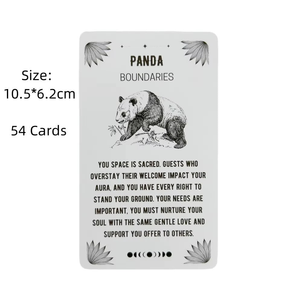 A rectangular deck of 54 oracle cards featuring a panda illustration and spiritual guidance text