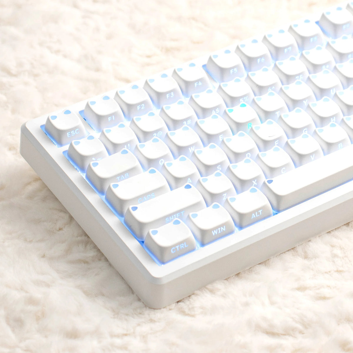 A close-up view of a white mechanical keyboard with light blue backlit keycaps resting on a fluffy white surface.