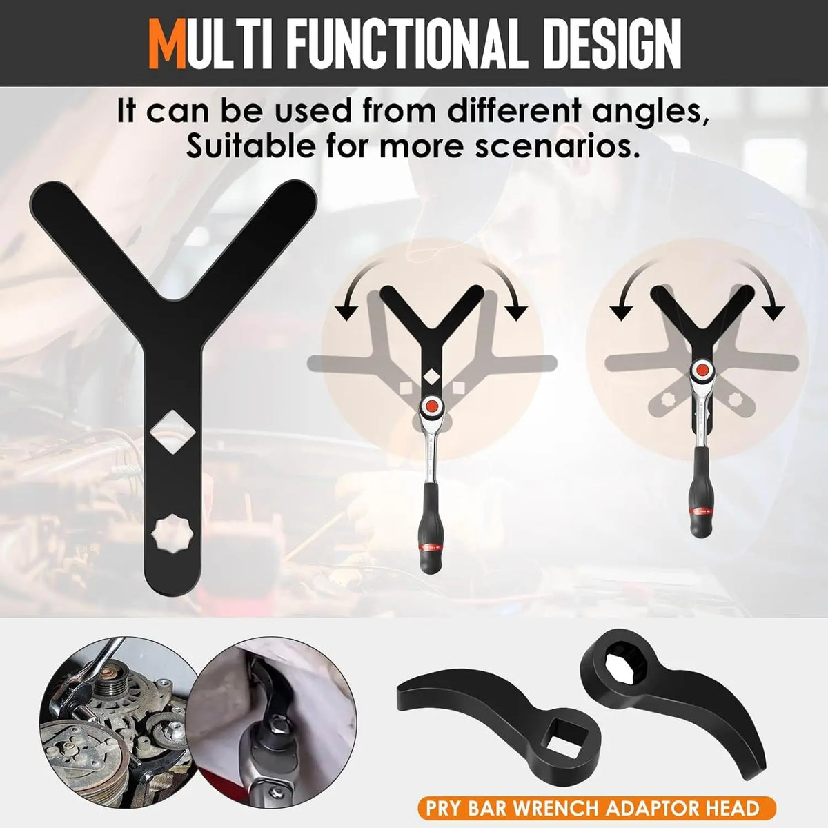 A multi-functional design heavy-duty control arm pry tool kit with a 1/2 inch drive adapter shown in various angles.