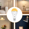 A white LED light bulb with a yellow glow is shown in various home lighting contexts.