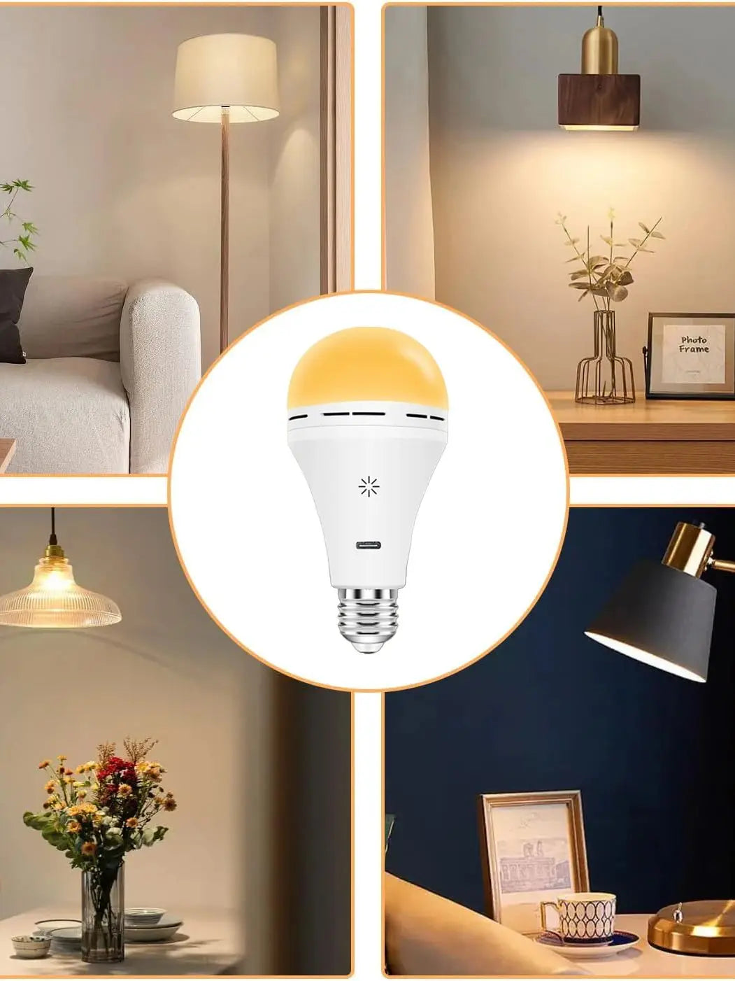 A white LED light bulb with a yellow glow is shown in various home lighting contexts.