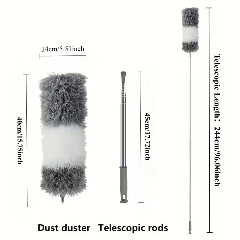 A set of gray and white telescopic dusters with a flexible microfiber head shown next to their dimensions.