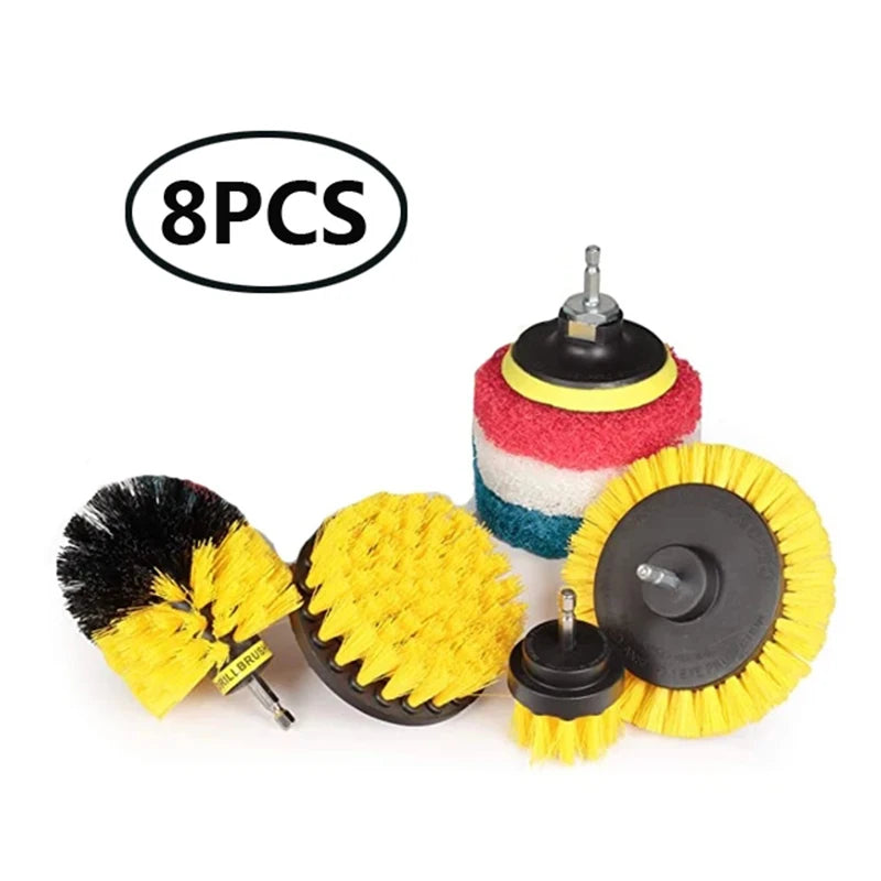 Eight pieces of yellow and black drill brush cleaning kit with extensions for home and auto detailing