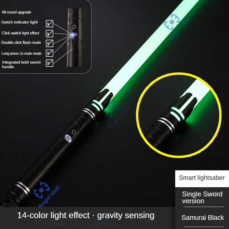 A black lightsaber with a bright green glow, showing various features like round upgrade and integrated handle.
