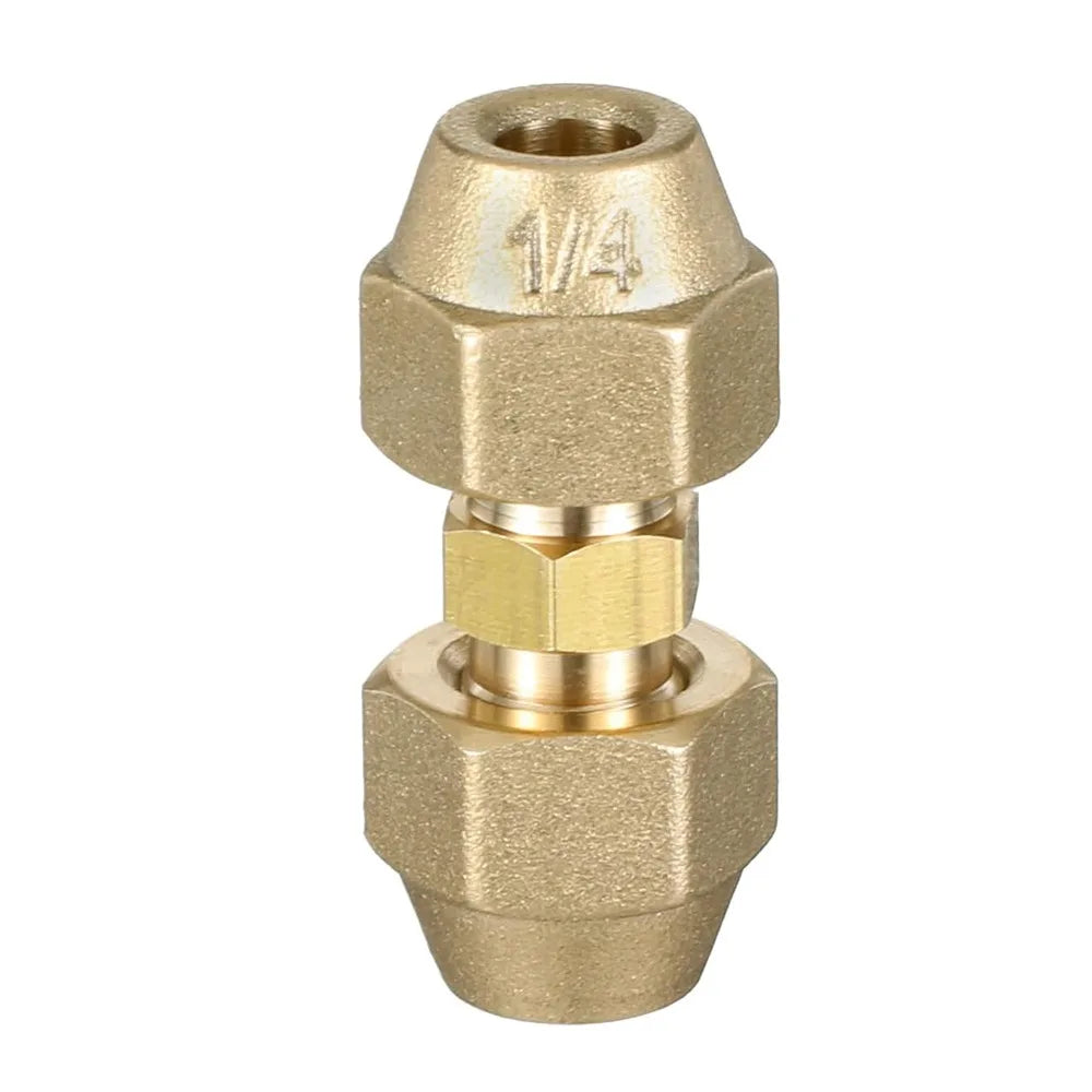 Brass copper pipe extension fitting with a 1/4 flare nut and hexagonal body.