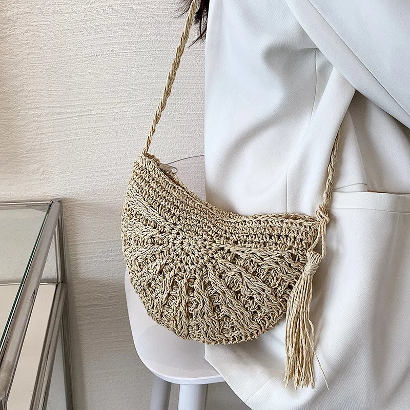Handwoven Straw Semicircle Crossbody Bag with Tassel