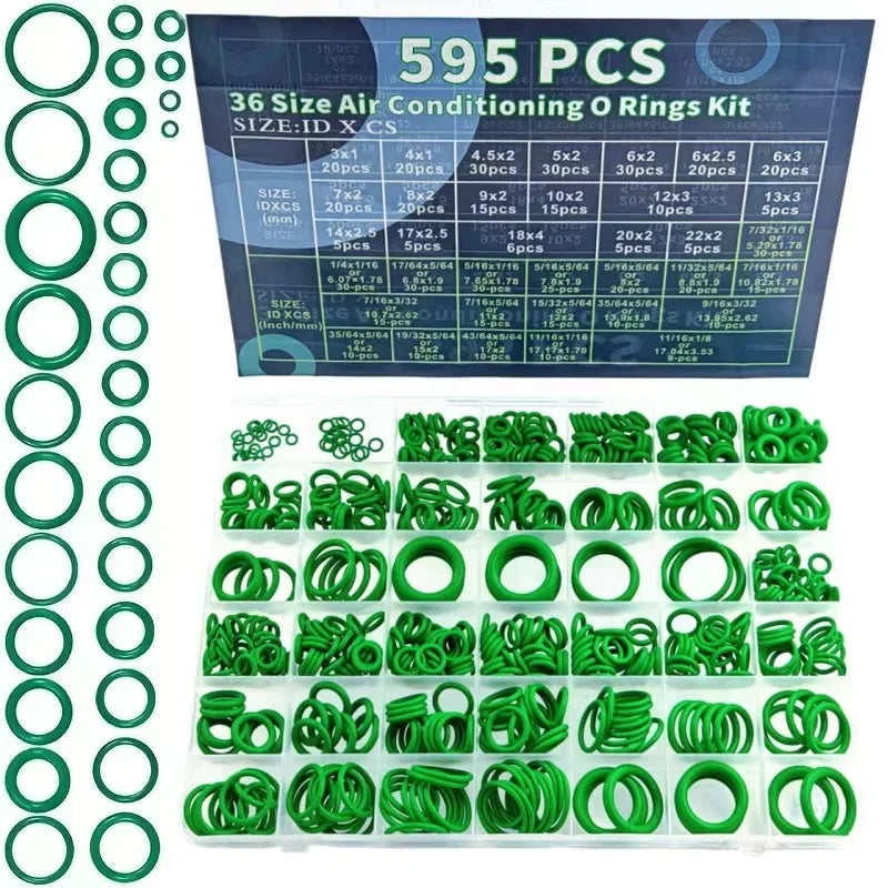A kit of 595 pieces of various size O-rings for automotive air conditioning gaskets in green.