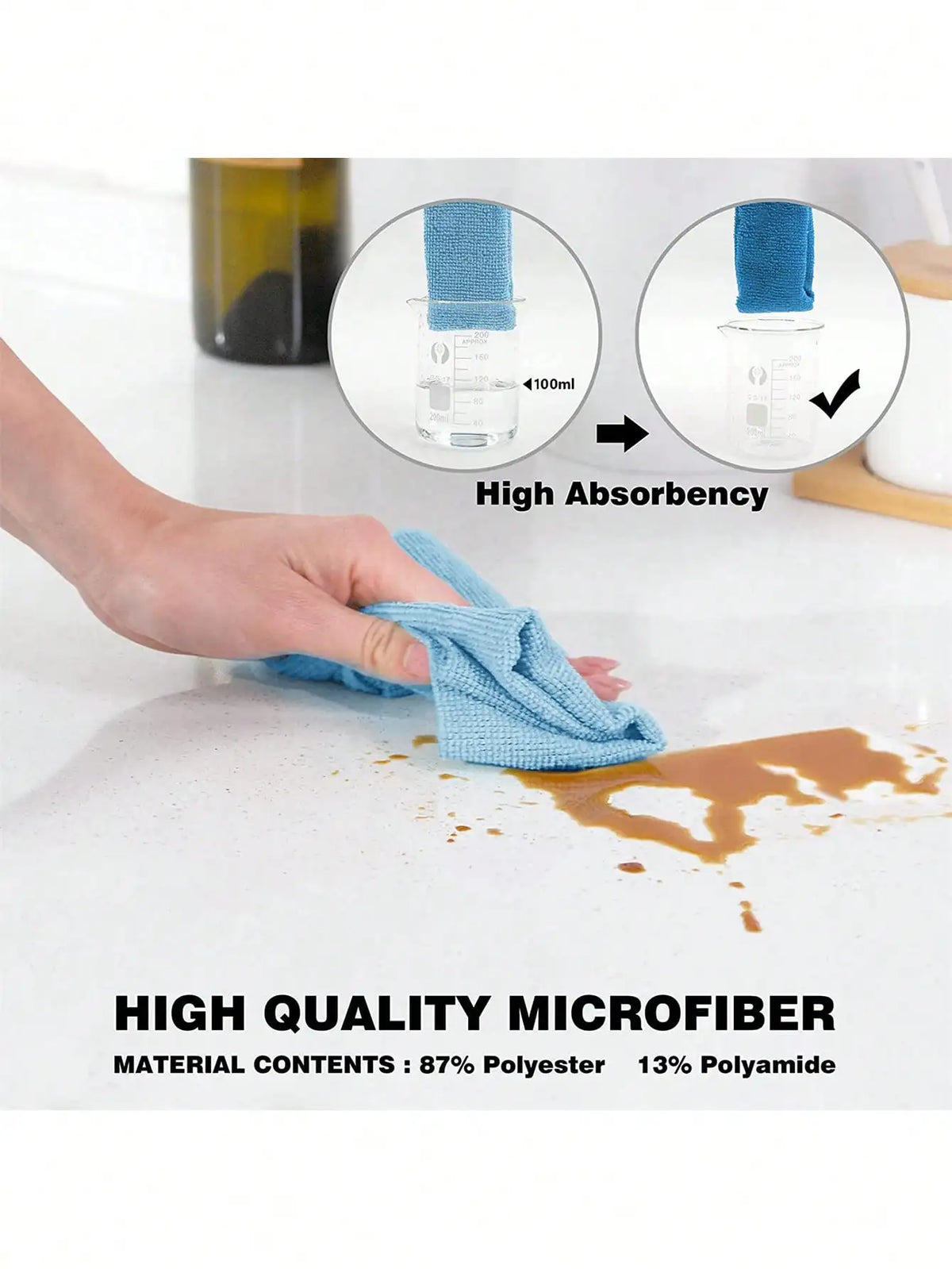 A hand is using a blue microfiber towel to absorb liquid on a white surface, demonstrating high absorbency and quality fiber 