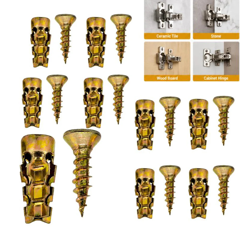 A collection of heavy-duty self-tapping wall anchors in various finishes including brass, silver, and gold tones.