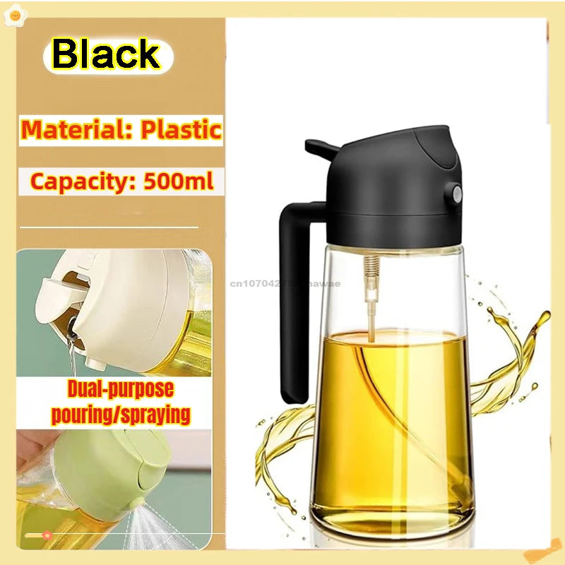 A black plastic dual-purpose oil spray bottle with a pump dispenser is shown pouring yellow oil.