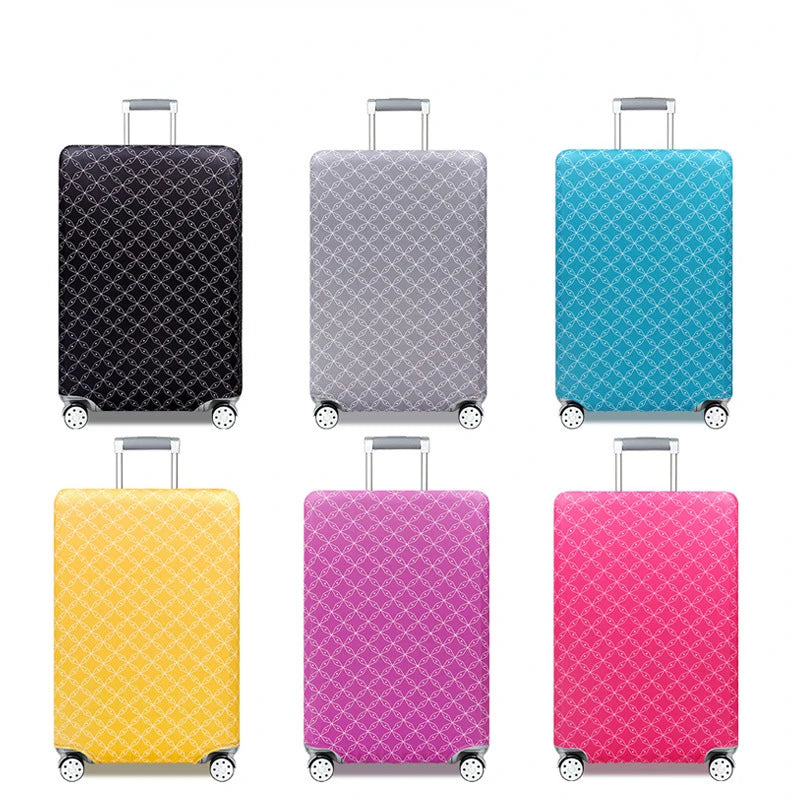 A set of colorful stretchable luggage covers in black, gray, yellow, and pink with zipper closures.