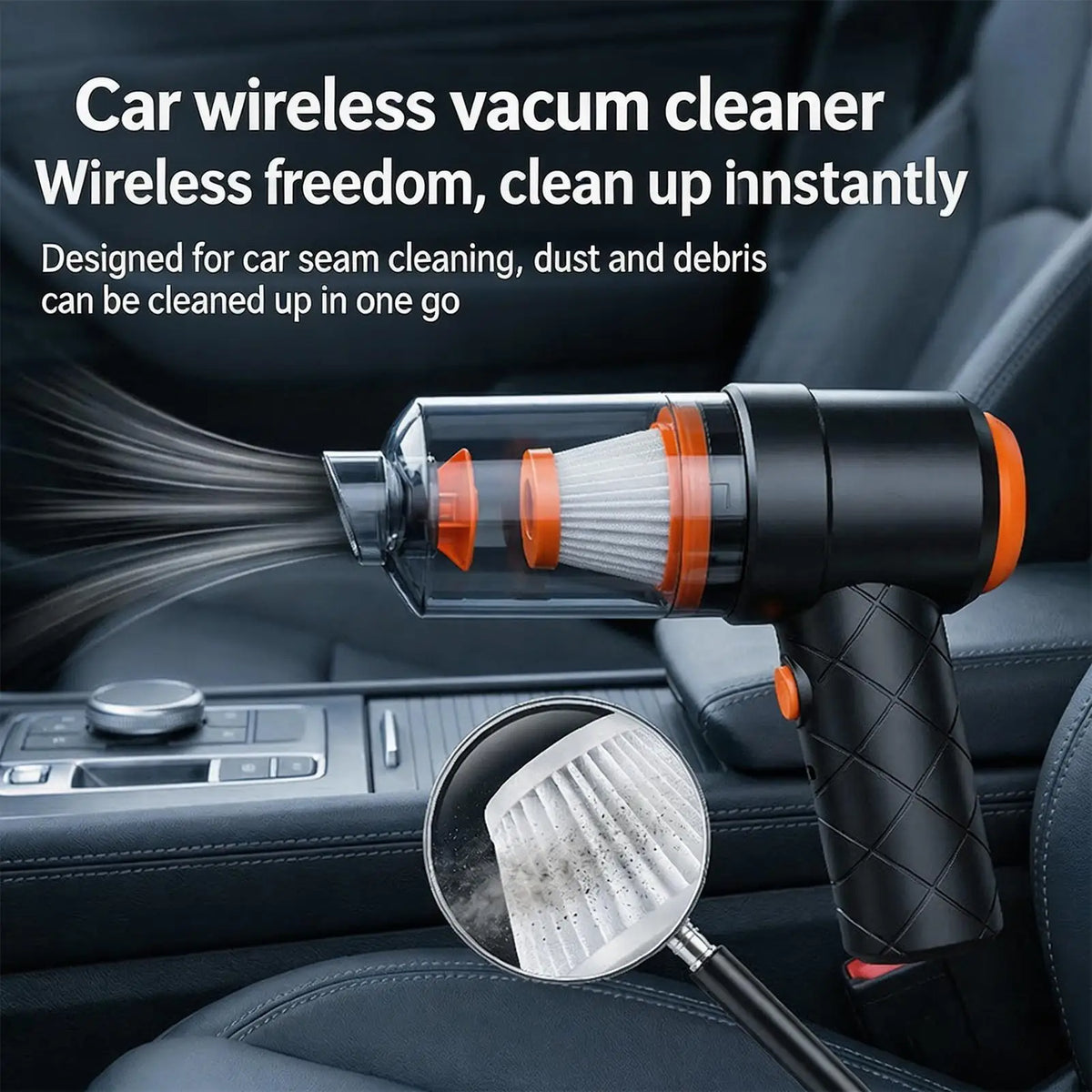 A cordless handheld car vacuum cleaner is shown cleaning a car seat, with a magnifying glass nearby.