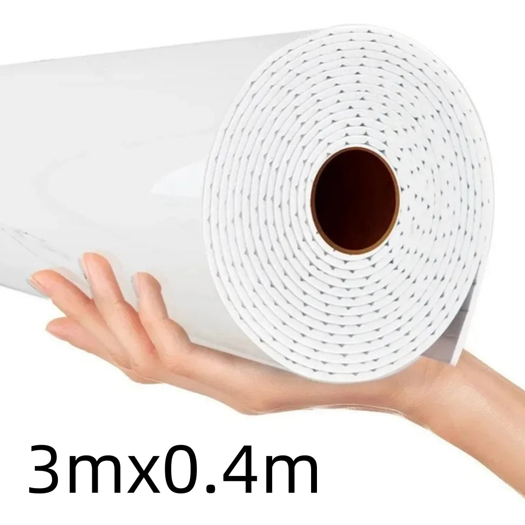 Roll of white 3D marble peel-and-stick waterproof wall panels being held by a hand