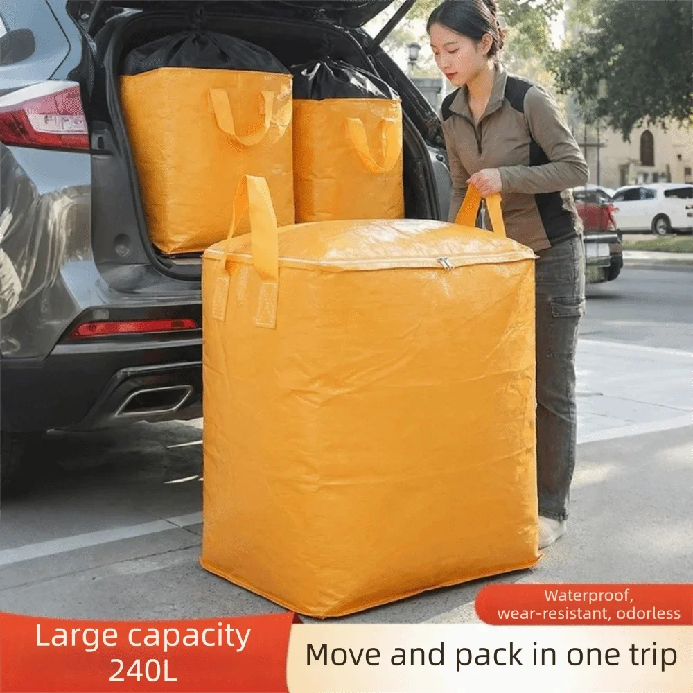 A woman is loading a large yellow waterproof storage bag into the trunk of a car.