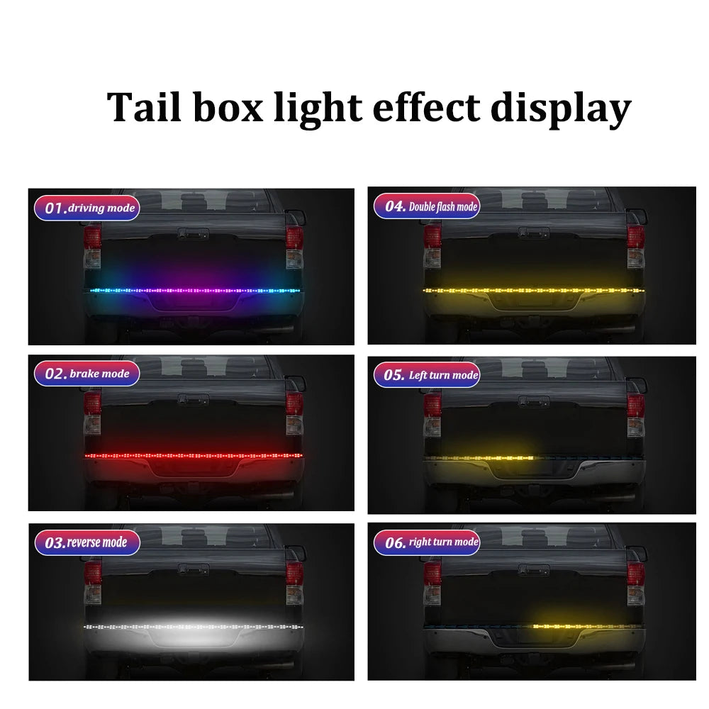 Display of various light effects on a vehicle's tailgate, including driving, brake, and reverse modes.