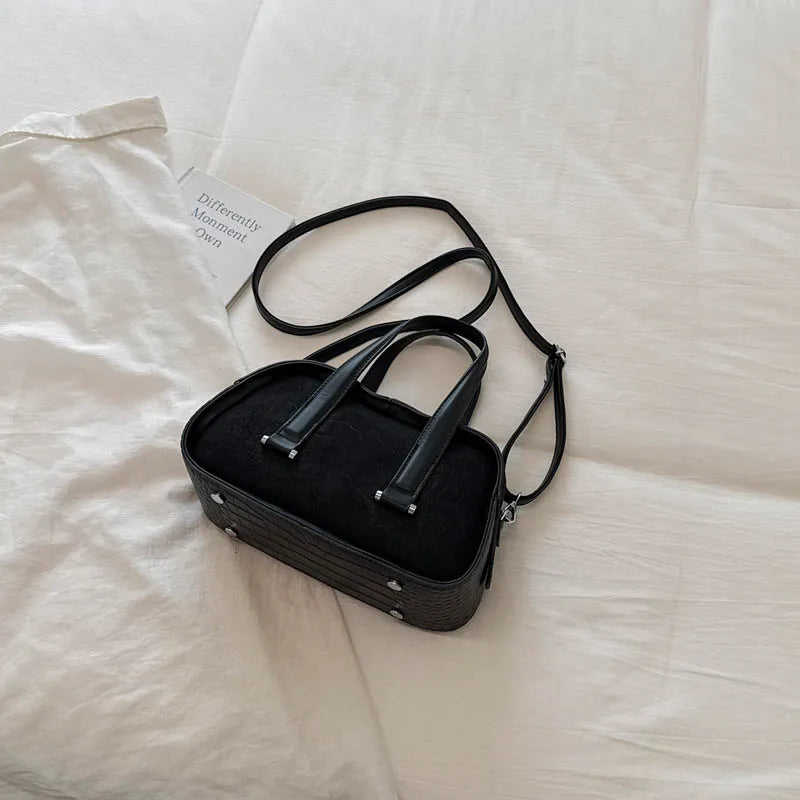 Vintage Croc-Embossed Mini Boston Bag with Dual Straps