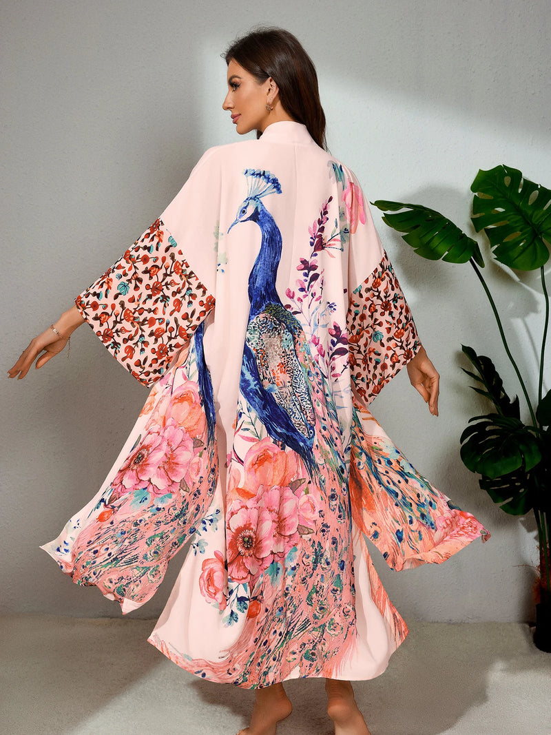 Peacock Print Beach Kimono Cover-Up