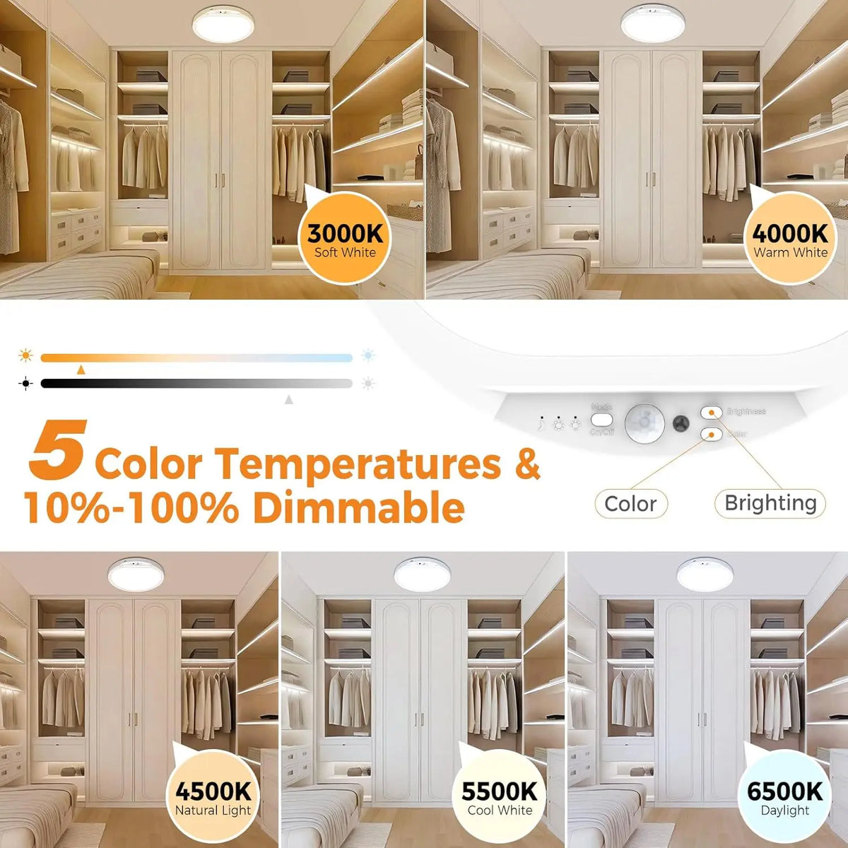Interior view of a closet with soft white and warm white lighting options, showing adjustable color temperatures.