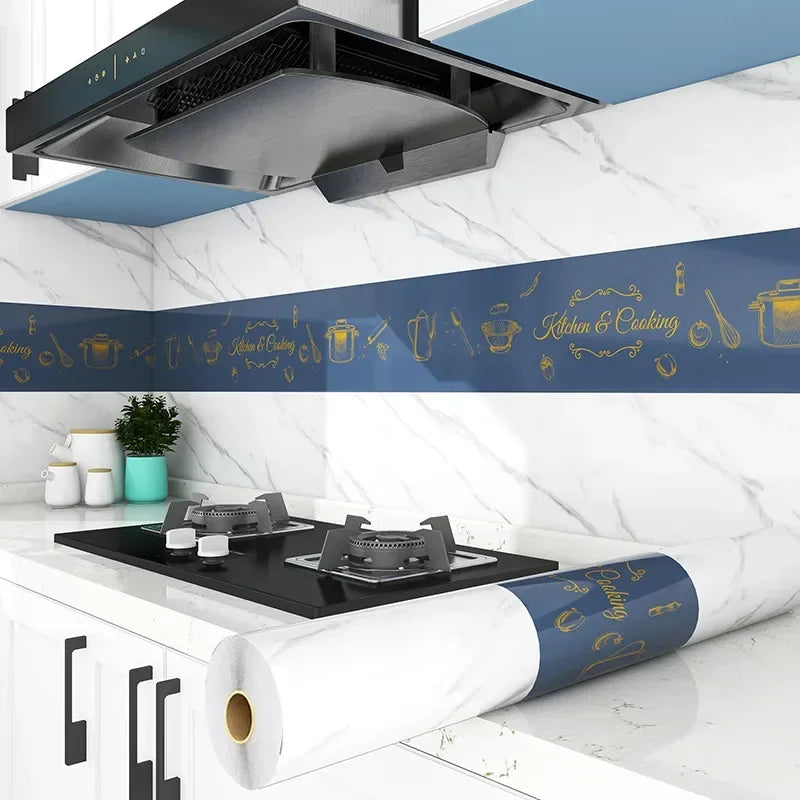 A roll of self-adhesive kitchen splashback sticker in white and blue for decorating