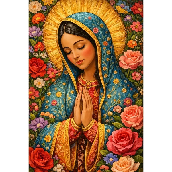 A painting of the Virgin Mary with a golden halo, wearing a blue and gold mantle, surrounded by colorful flowers.