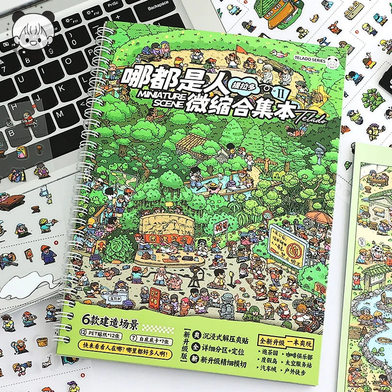 A colorful sticker book featuring miniature scenes and craft elements for building dioramas.