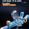 A blue water gun is shown in a 360 degree rotation, highlighting its safe and leak-proof design.