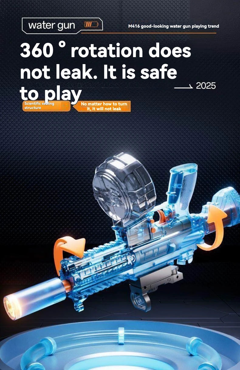 A blue water gun is shown in a 360 degree rotation, highlighting its safe and leak-proof design.