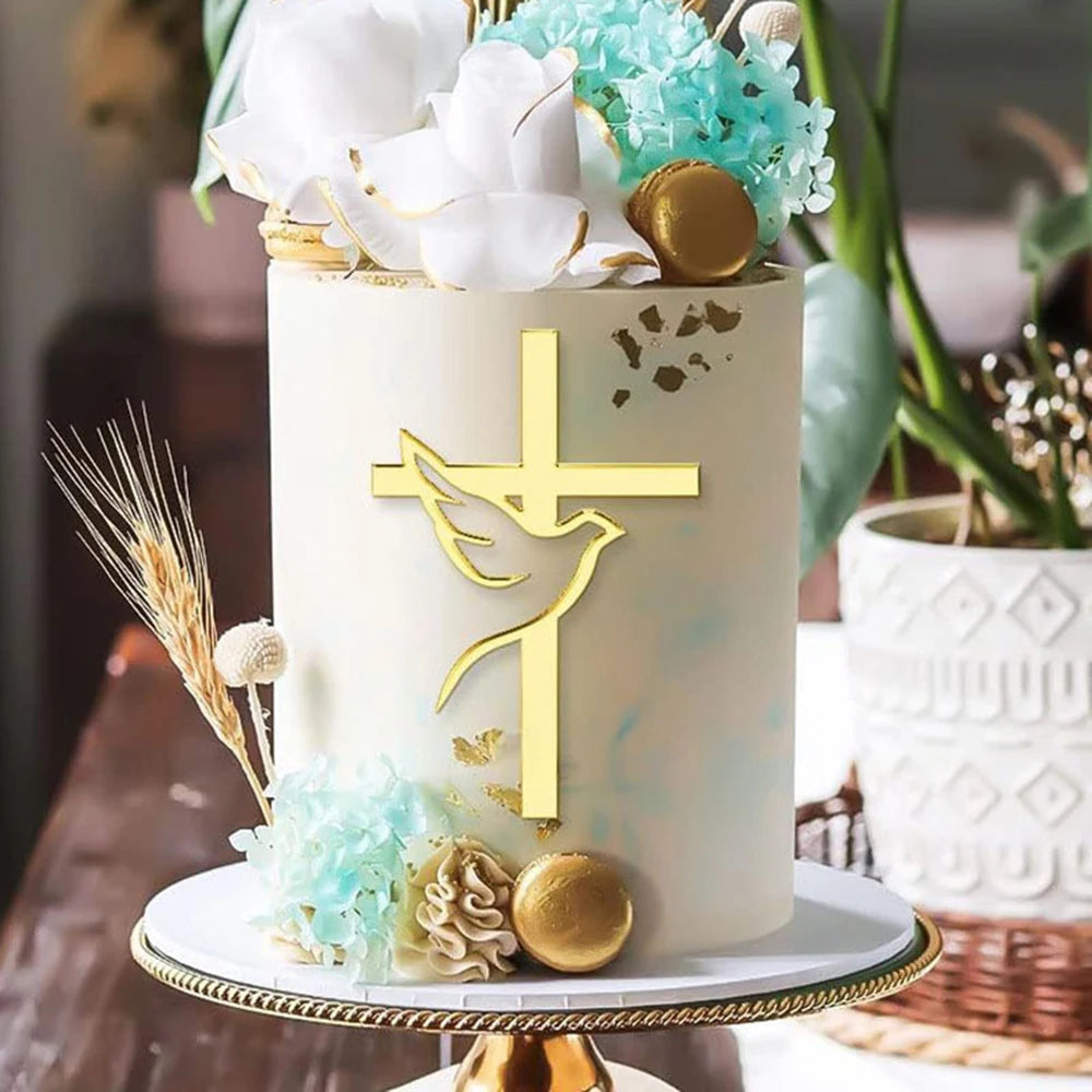 Elegant Gold Acrylic Cross Cake Toppers for Religious Celebrations