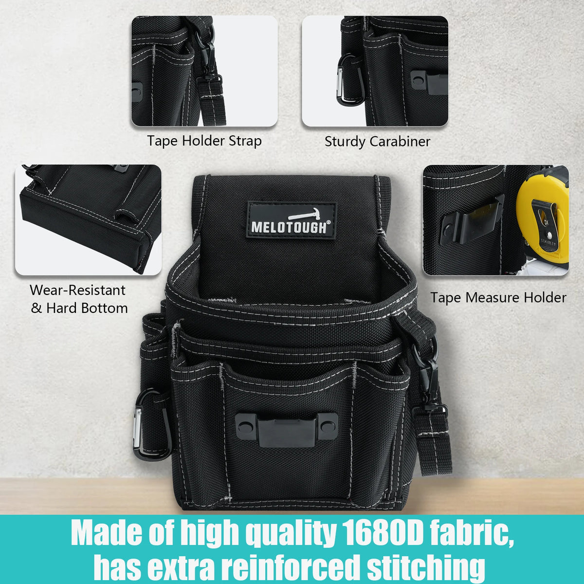 Black tool belt featuring various accessories like a tape holder strap and sturdy carabiner