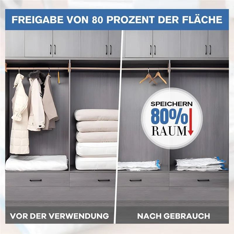 Vergleich: 80% Platzersparnis wiederverwendbarer Staubsäcke für Kleidung vor und nach Gebrauch.