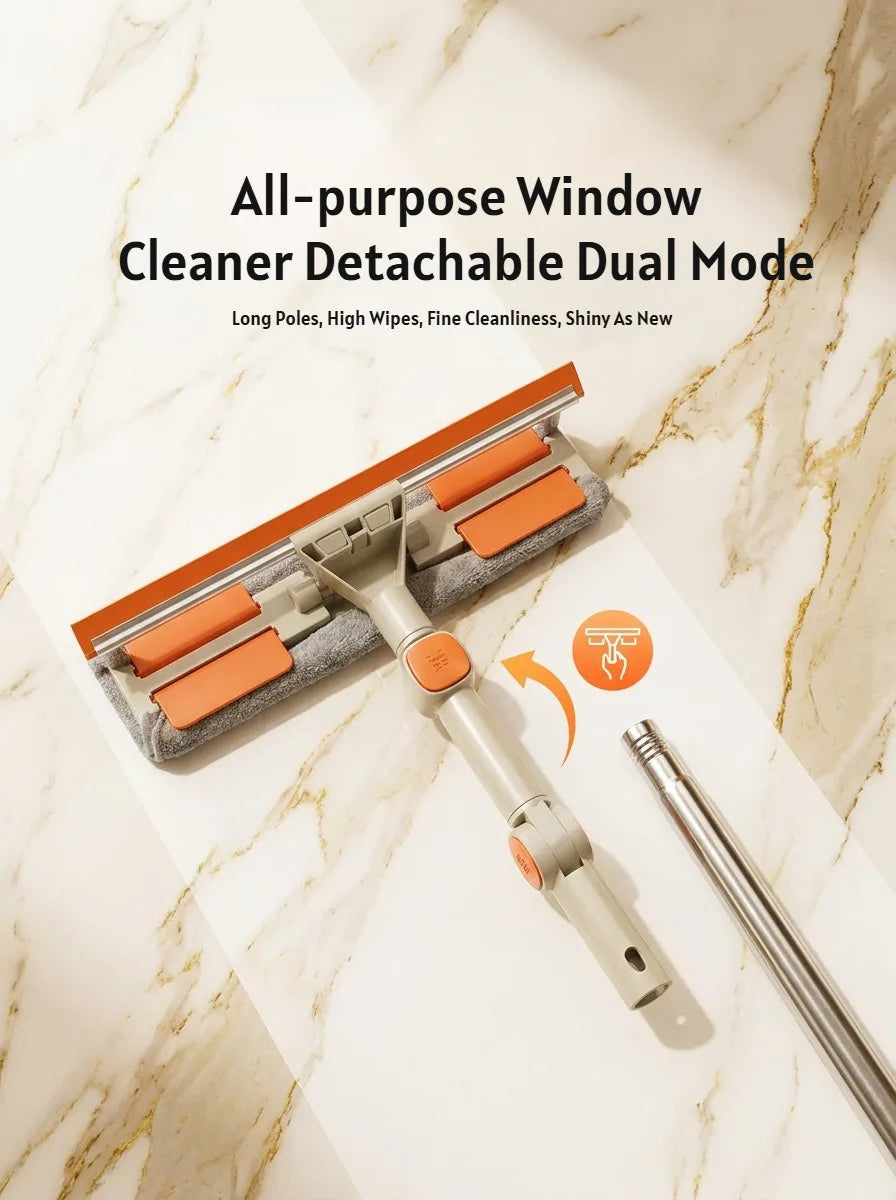 An all-purpose window cleaner featuring long poles and high wipes in a detachable dual mode.