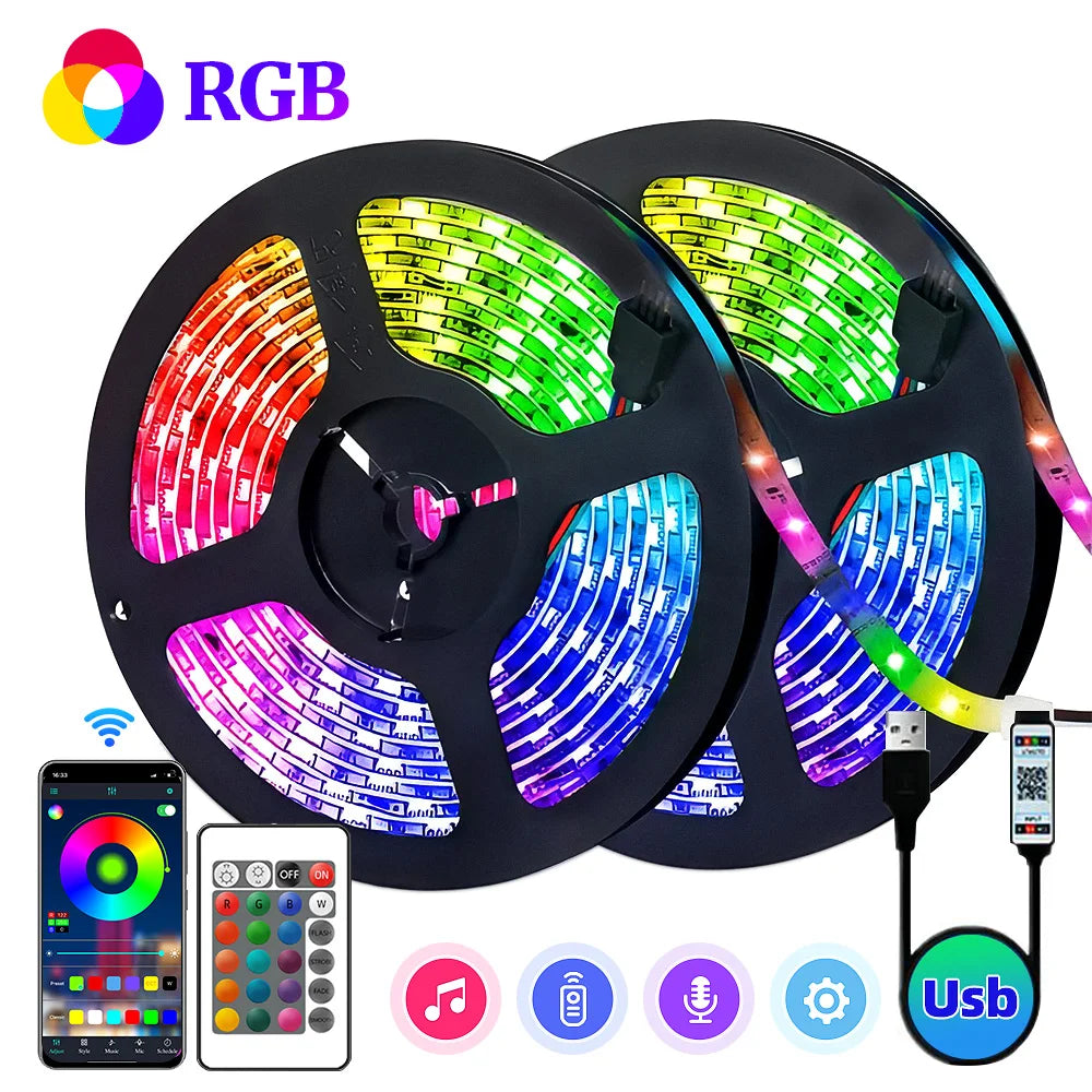 لوحة إضاءة LED دائرية RGB بأنماط ألوان مختلفة وهاتف يعرض نفس الألوان.