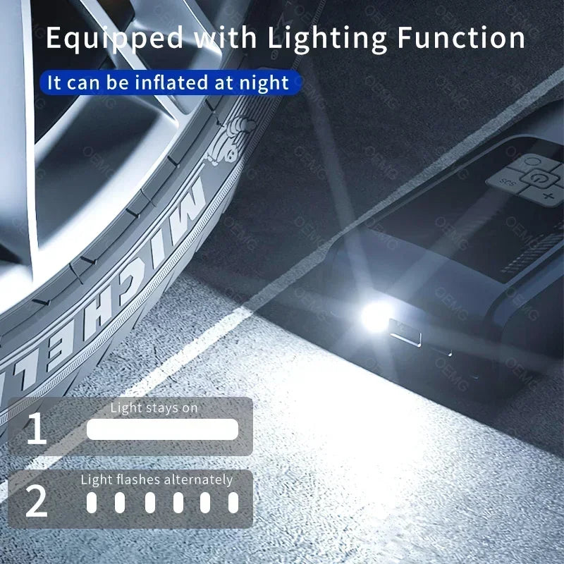 A portable tire inflator is shown illuminating a road surface with a bright light, demonstrating its lighting function.