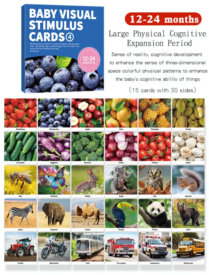 A set of Montessori high-contrast flash cards featuring various fruits, vegetables, animals, and vehicles for baby visual sti