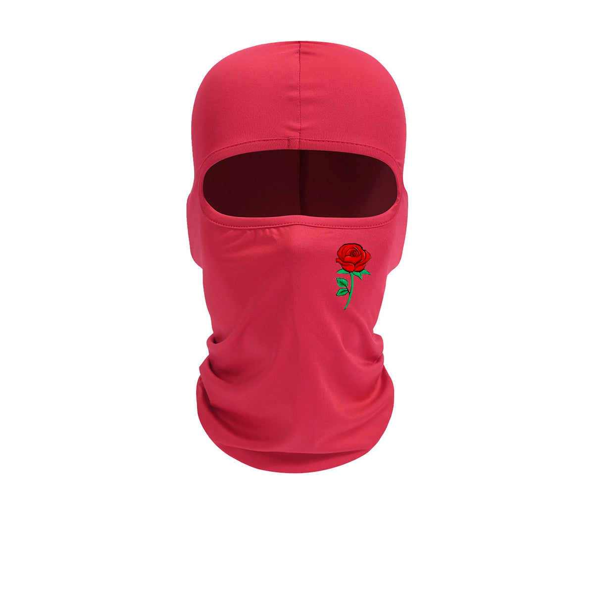 A solid red floral balaclava face mask for outdoor sports.