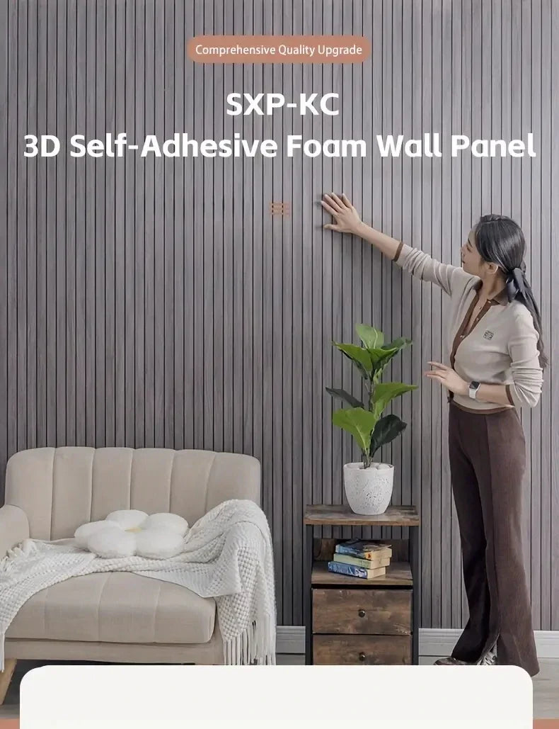 A woman is applying an SXP-KC 3D self-adhesive foam wall panel onto a gray textured wall.