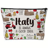 A black fabric pouch featuring various Italian souvenirs like food items, landmarks, and decorative elements.