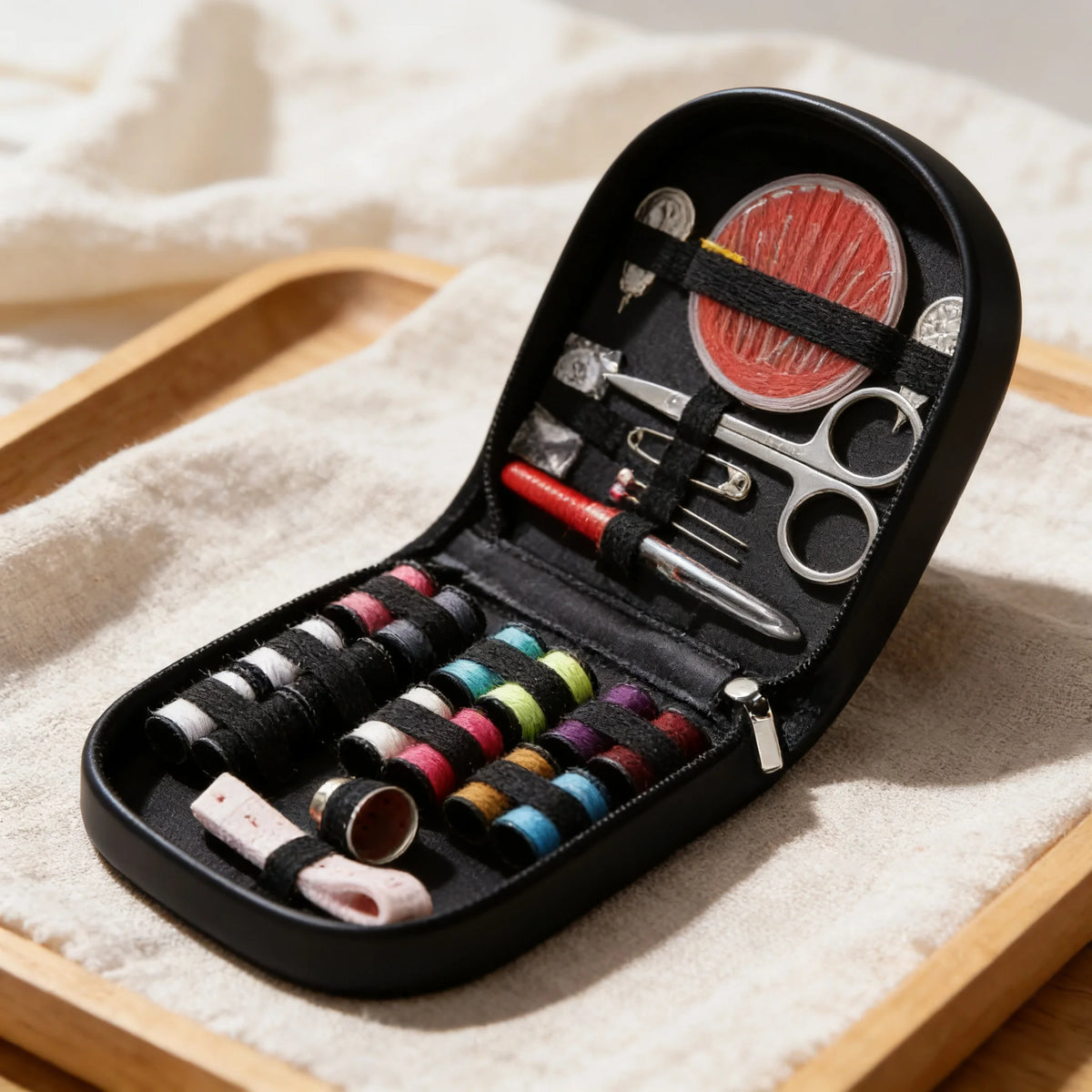 A black compact travel sewing kit with various tools and threads is displayed on a wooden tray.