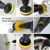 A set of three yellow and black power scrubber brushes for cleaning, shown in various angles.