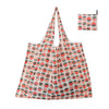 A reusable shopping tote bag patterned with strawberries and green leaves.
