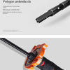 A close-up view of a black polygon umbrella rib and an orange folding umbrella handle.