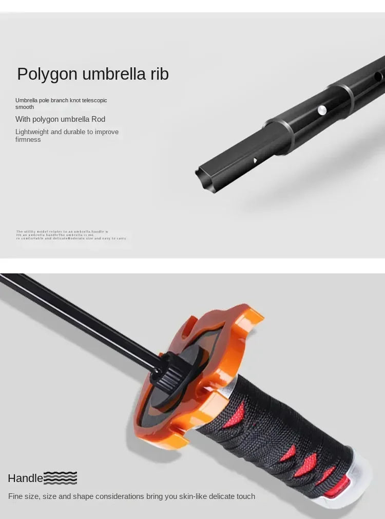 A close-up view of a black polygon umbrella rib and an orange folding umbrella handle.