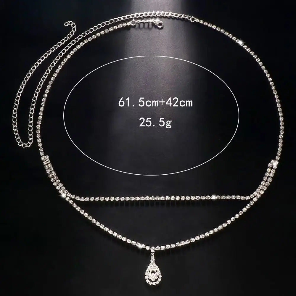 Chaîne à taille goutte de strass, présentée sur fond sombre avec spécifications de taille.